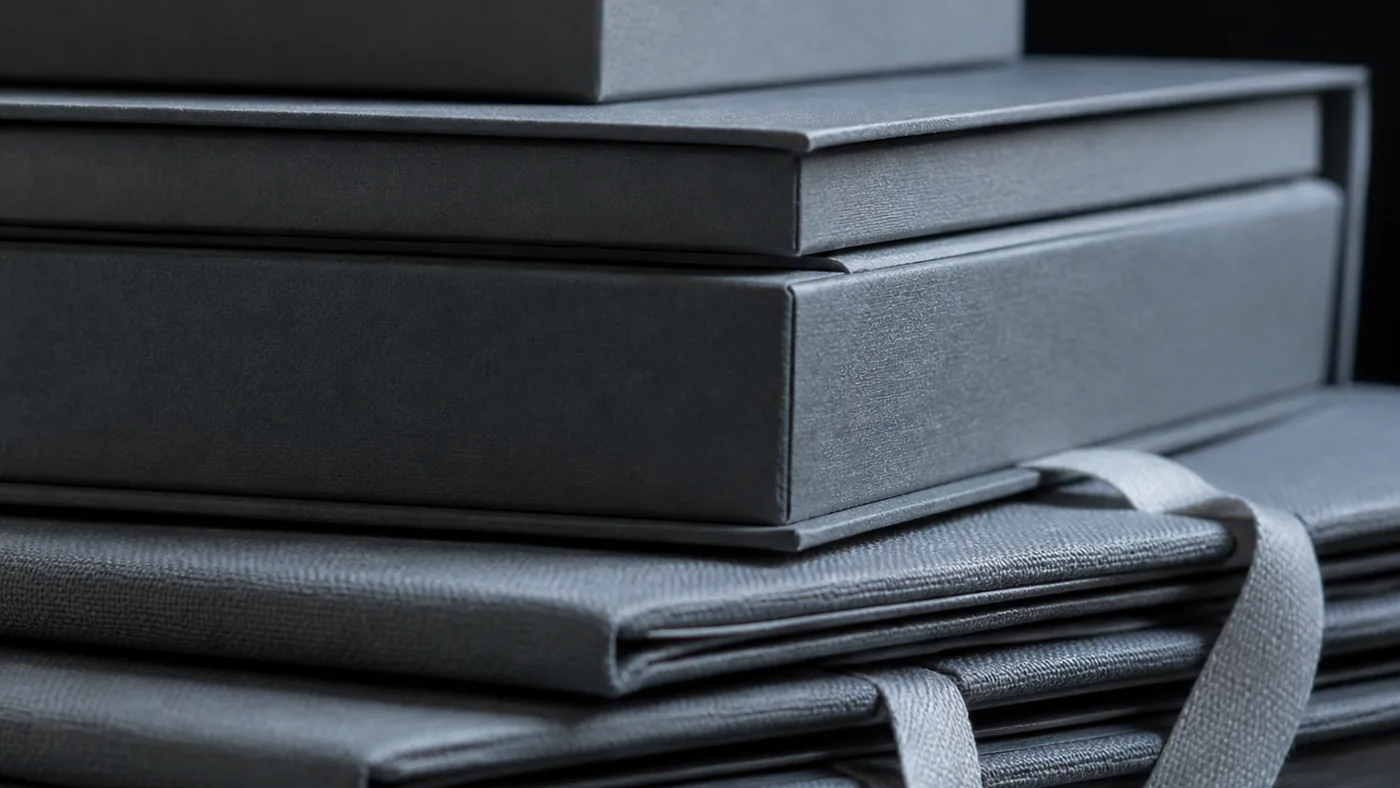 Extreme close view of the stacked edges of plain grey archival boxes and linen bound folders tied with flat cotton tape
