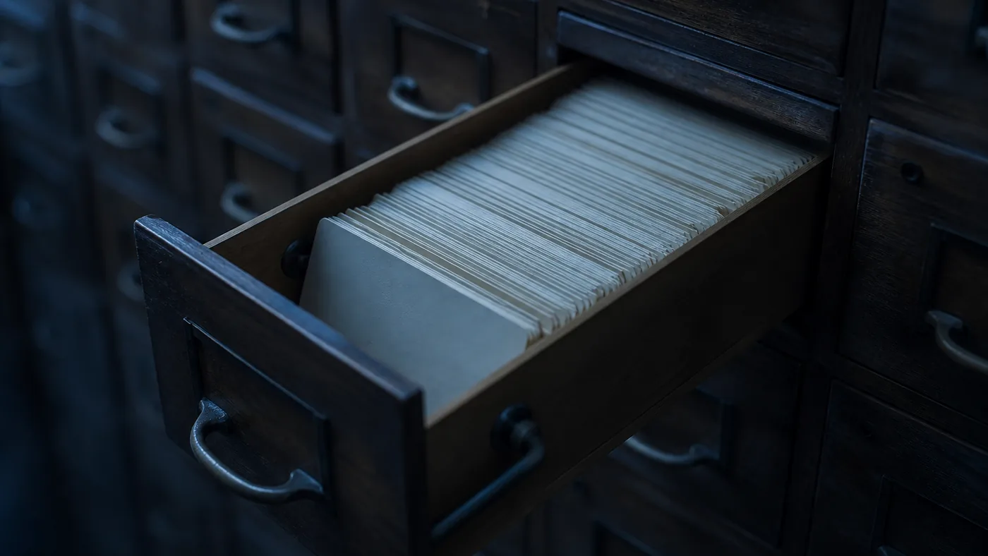 A dark wooden card catalogue cabinet with one drawer pulled open, showing tightly packed blank cream index cards seen edge on