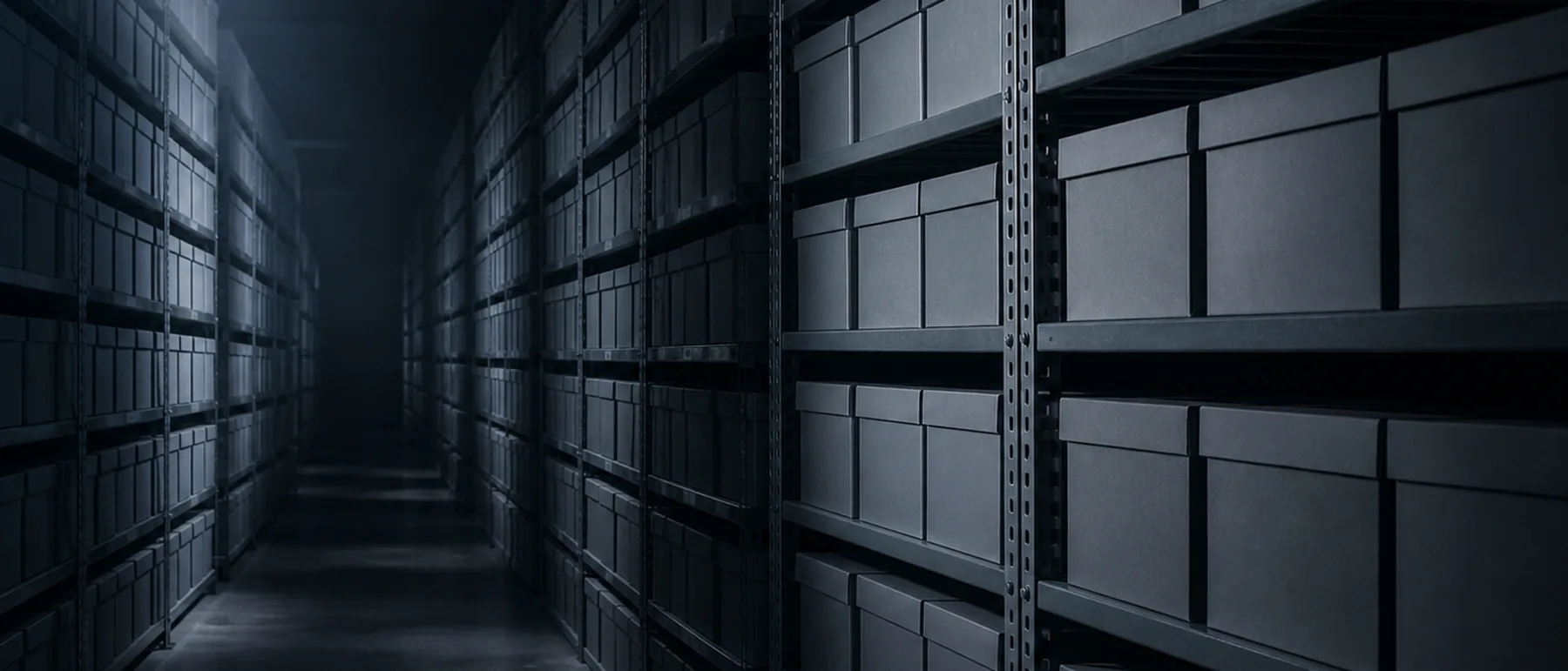 A dim archive repository aisle, rows of plain grey document boxes on tall steel shelving receding into shadow under cold blue light