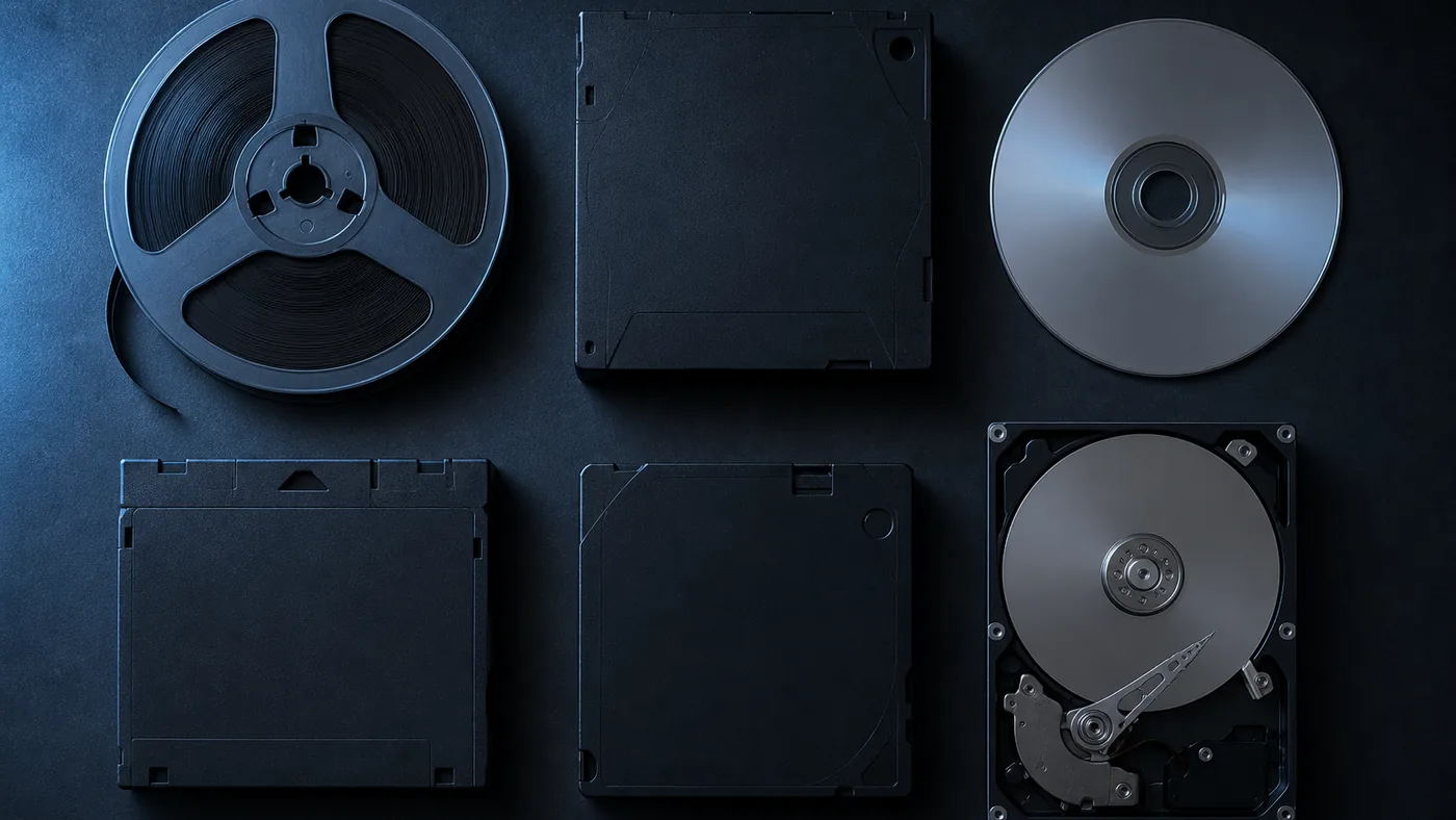 Overhead view of obsolete data media on a dark surface, an open reel of magnetic tape, blank cartridge shells, a bare optical disc and an exposed hard disk platter